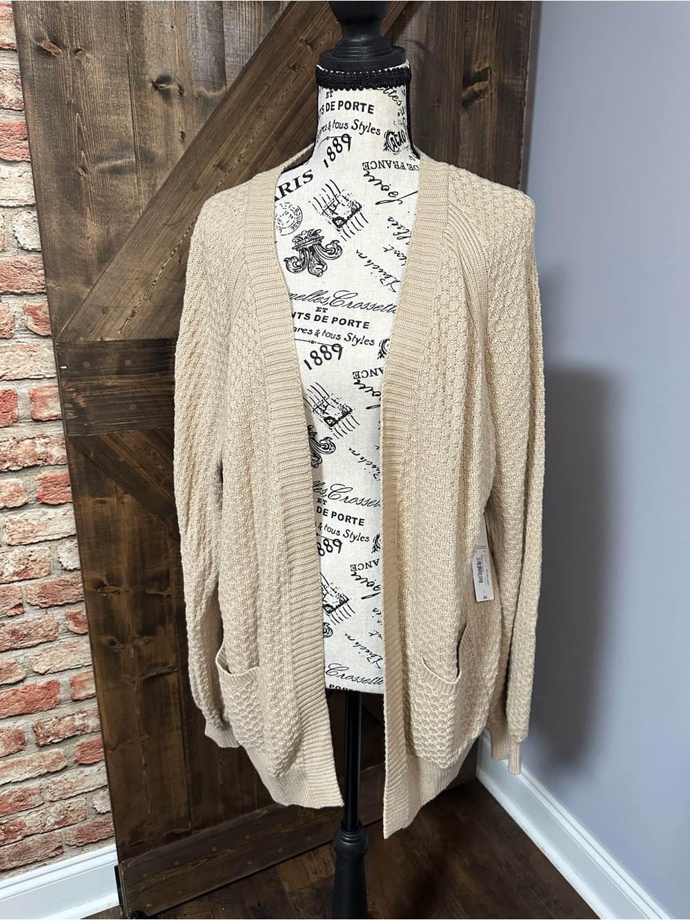 Beige Open-Front Knit Cardigan Sweater